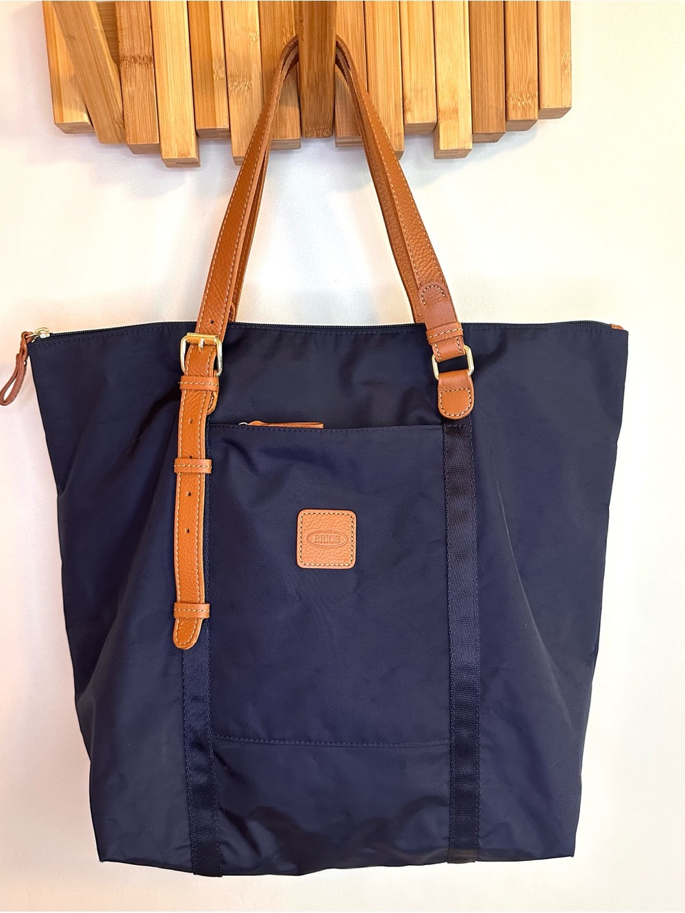 Bric's Navy Blue Travel Tote Bag with Tan Leather Trim - Made in Italy